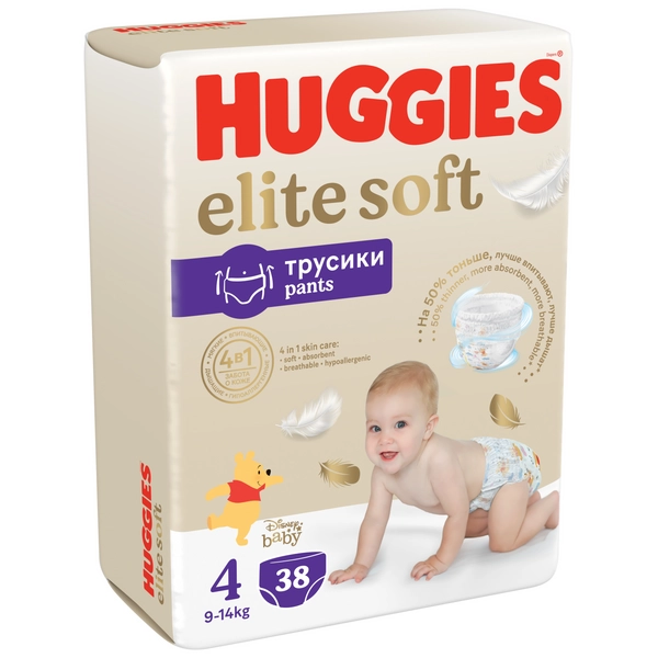 

Huggies Elite Soft, подгузники-трусики для детей, 4 размер (9-14 кг), 38 шт.