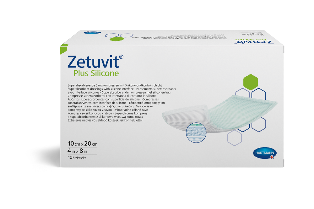 Hartmann Zetuvit Plus Silicone, повязка стерильная суперабсорбирующая (с контактн. слоем из силикона) 10 х 20 см, 10 шт. граница лавы