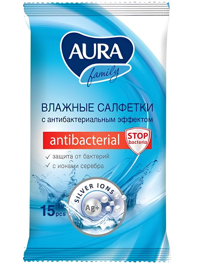 Aura Family, влажные салфетки антибактериальные, 15 шт.