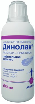 Динолак мягкое слабительное средство, Лактулоза + Симетикон, эмульсия для приема внутрь 200 мл