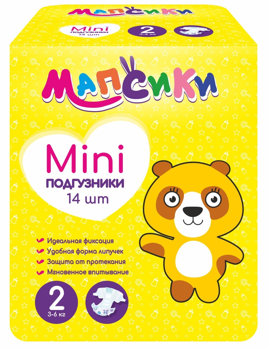 Подгузники детские Мапсики р.mini 3-6кг 14 шт