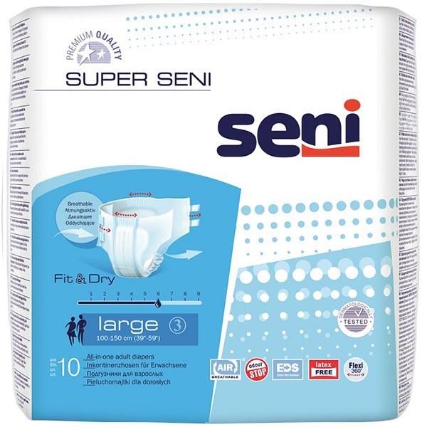 Seni Super Classic, подгузники для взрослых Large (№3), 10 шт наполнитель минеральный впитывающий пижон универсальный 1 7 кг впитываемость 3 л