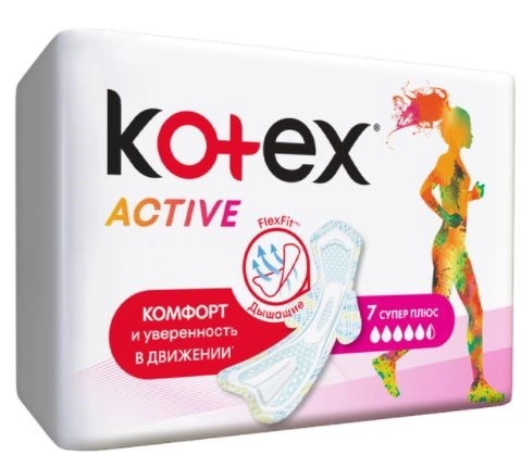 Kotex Active, прокладки супер-плюс, 7 шт. kotex прокладки актив супер плюс ультратонкие 7 шт