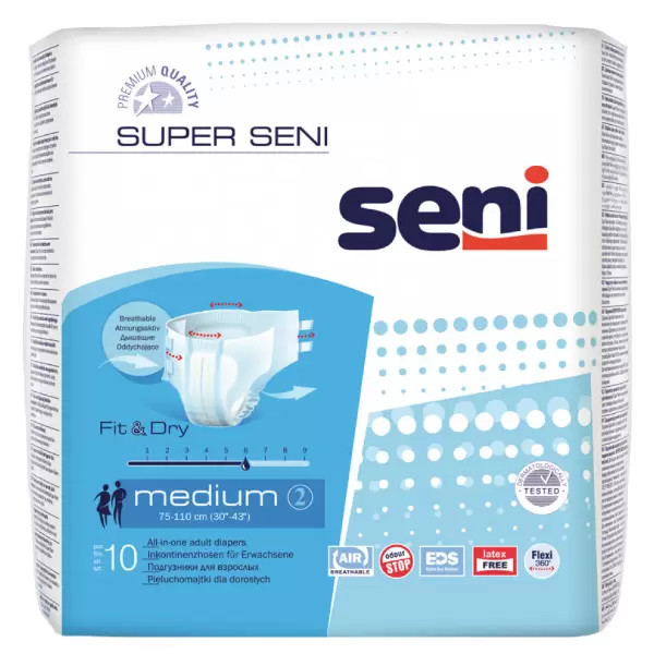 Seni Super Classic, подгузники для взрослых Medium (№2), 10 шт повязка пластырного типа стерильная высокая впитываемость гипоаллергенно first aid ферстэйд 10х25см 10шт