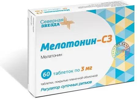Мелатонин-СЗ, таблетки покрыт. плен. об. 3 мг, 60 шт. мелатонин таблетки покрыт плен об 3 мг 30 шт