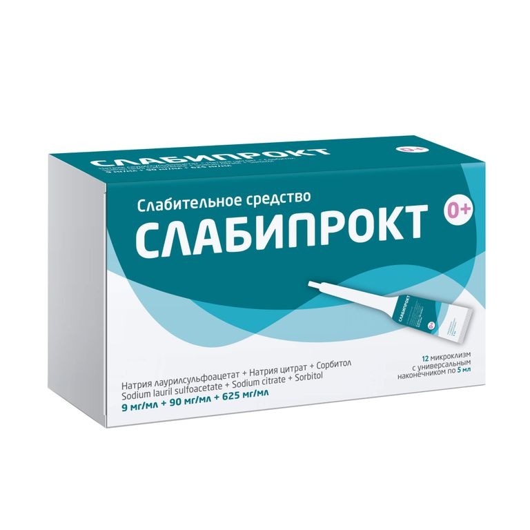 

Слабипрокт, раствор ректальный 9 мг/мл +90 мг/мл +625 мг/мл микроклизмы 5 мл, 12 шт.