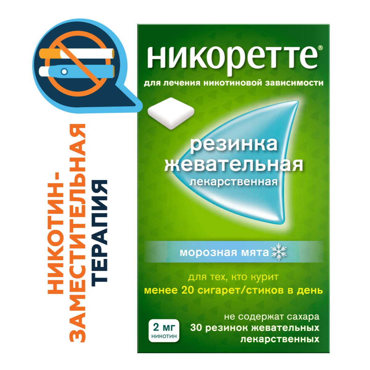 Никоретте, резинка жевательная 2 мг (морозная мята), 30 шт.