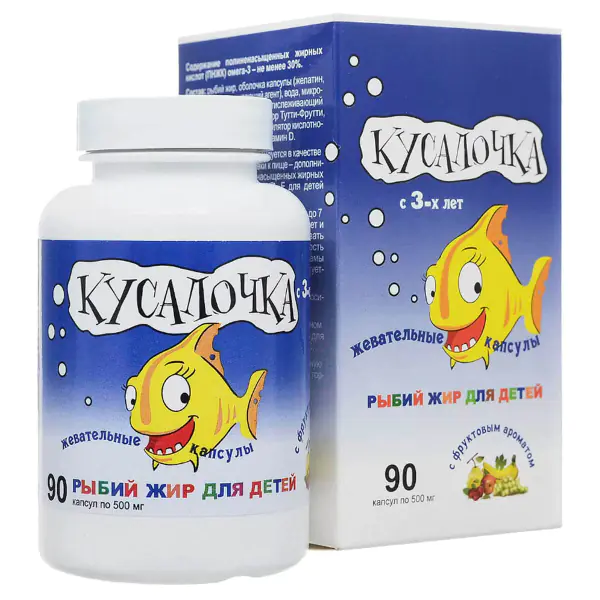 Детский рыбий жир Кусалочка, капсулы 500 мг, 90 шт. комплект vitateka рыбий жир капсулы 100 шт х 2 уп