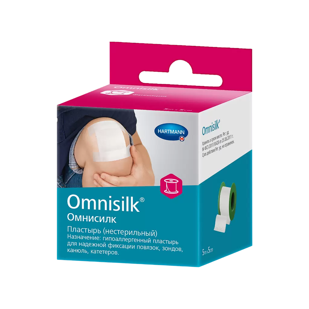 Omnisilk, пластырь фиксирующий, гипоаллергенный, шелковый, белого цвета, 5 см х 5 м люкспласт пластырь глазной неткан телесн 72х56 14