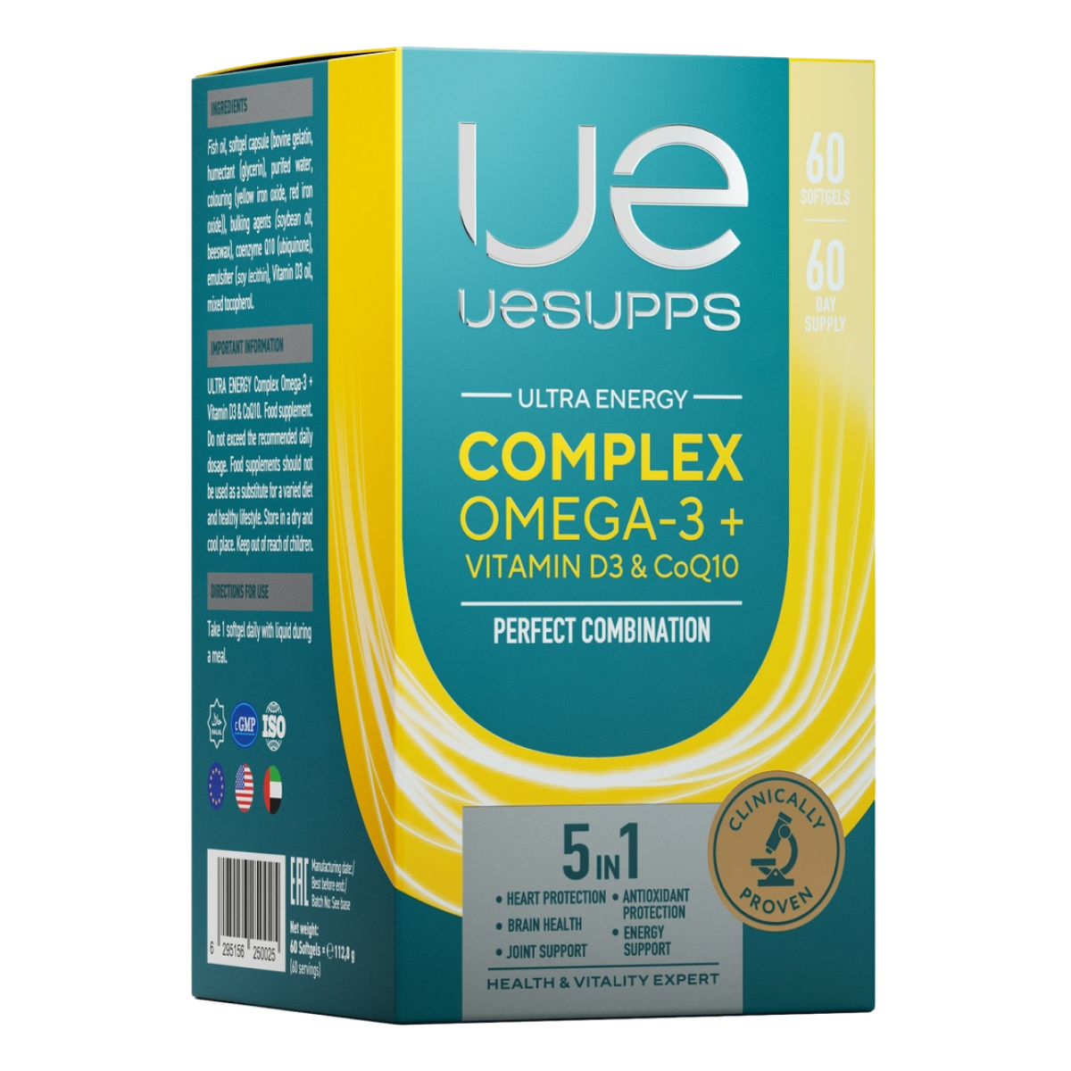 UESUPPS Ультра Энерджи Омега-3 + Витамин D3 и Коэнзим Q10, капсулы, 60 шт.