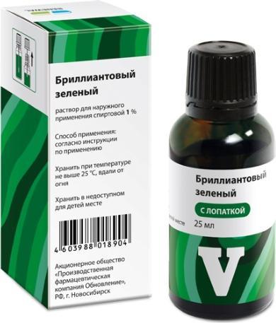 

Бриллиантовый зеленый, 1% раствор для наруж. прим. 1%, флакон с лопаткой 25 мл