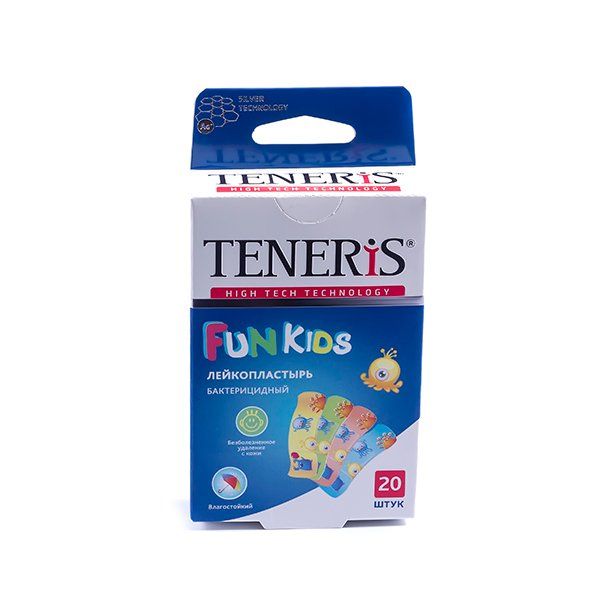 Лейкопластырь Teneris Fun Kids бактерицидный (56 х 19 мм) с рисунком, 20 шт. пластырь бактерицидный на нетканой основе sensitive teneris тенерис 7 6см х 1 9см 20 шт