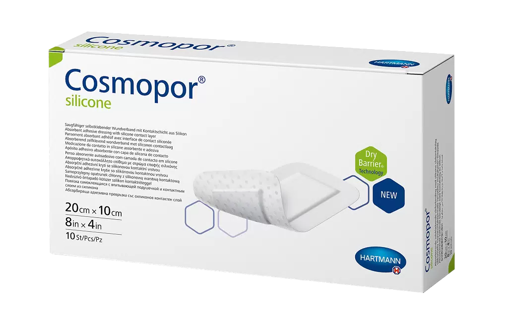 Cosmopor Silicone, повязка сорбционная с контактным слоем из силикона 20 см х10 см, 10 шт. комфортер для новорождённых зайчонок 30х27 см
