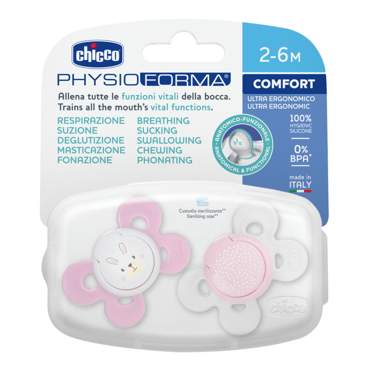 Chicco Physio Comfort, пустышка силиконовая (2-6 мес), розовая, 2 шт.