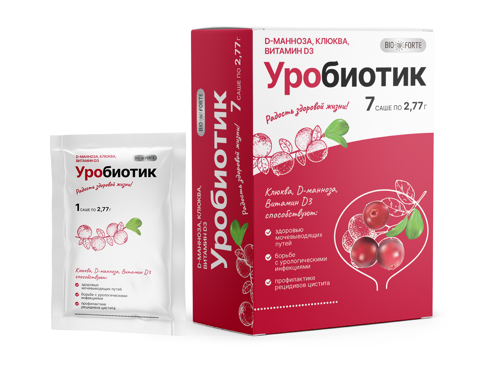 Уробиотик BioForte, D-манноза 500 мг с экстрактом клюквы, порошок саше, 7 шт.
