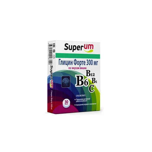 Superum, Глицин Форте со вкусом вишни, таблетки 300 мг, 30 шт.