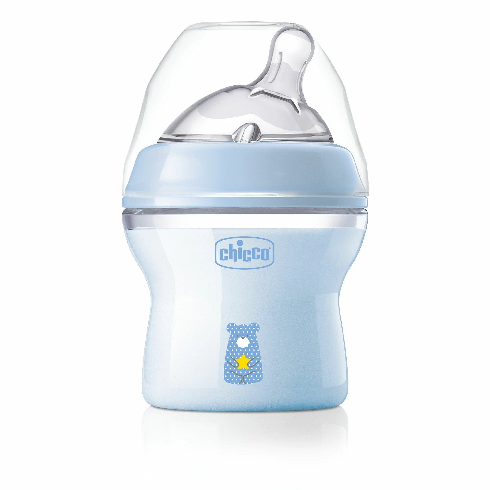 

Chicco Бутылочка Natural Feeling + силиконовая соска с наклоном и флексорами, голубая, 150 мл, 0 мес