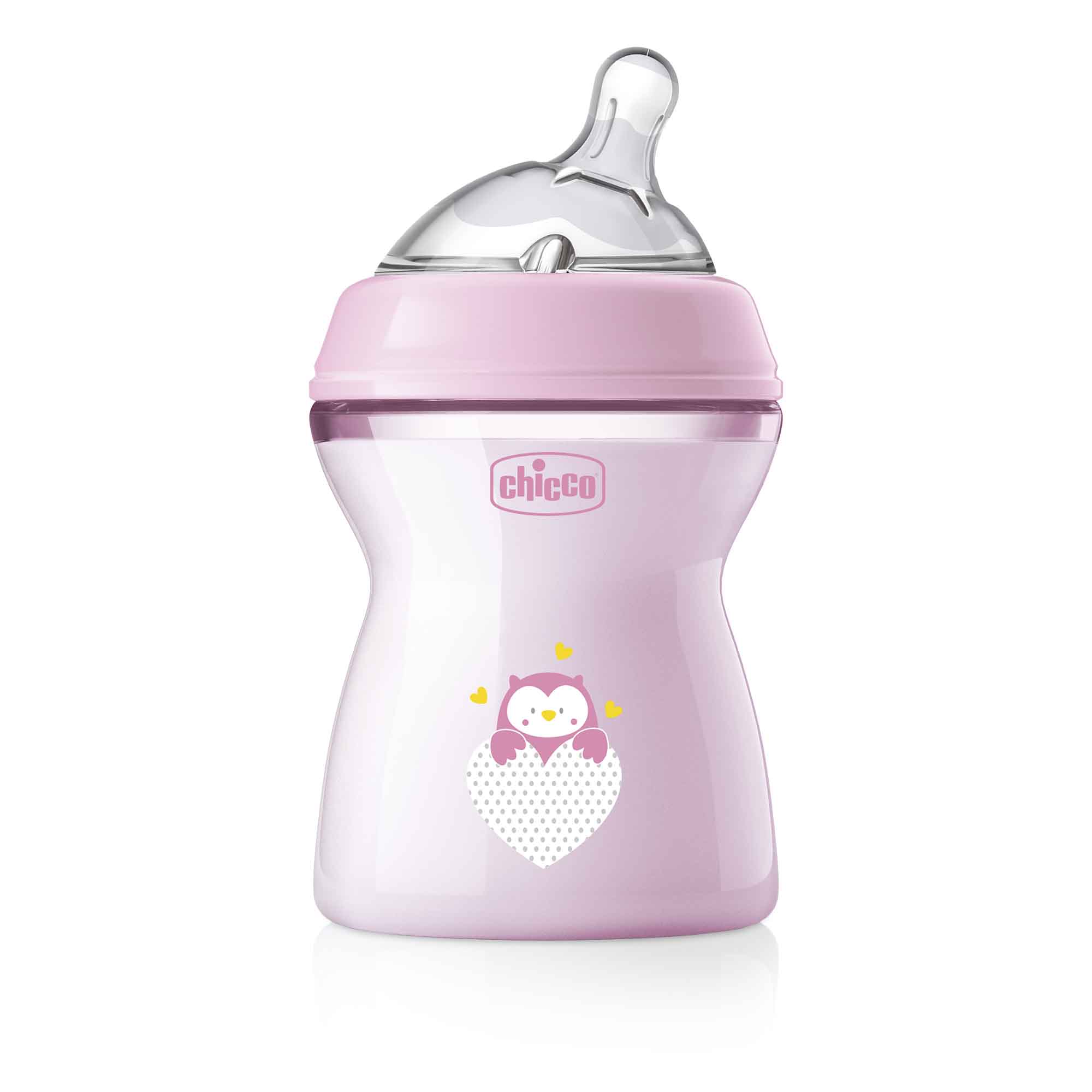 Chicco, Natural Feeling бутылочка с силиконовой соской с наклоном (розовая), 2 мес+, 250 мл