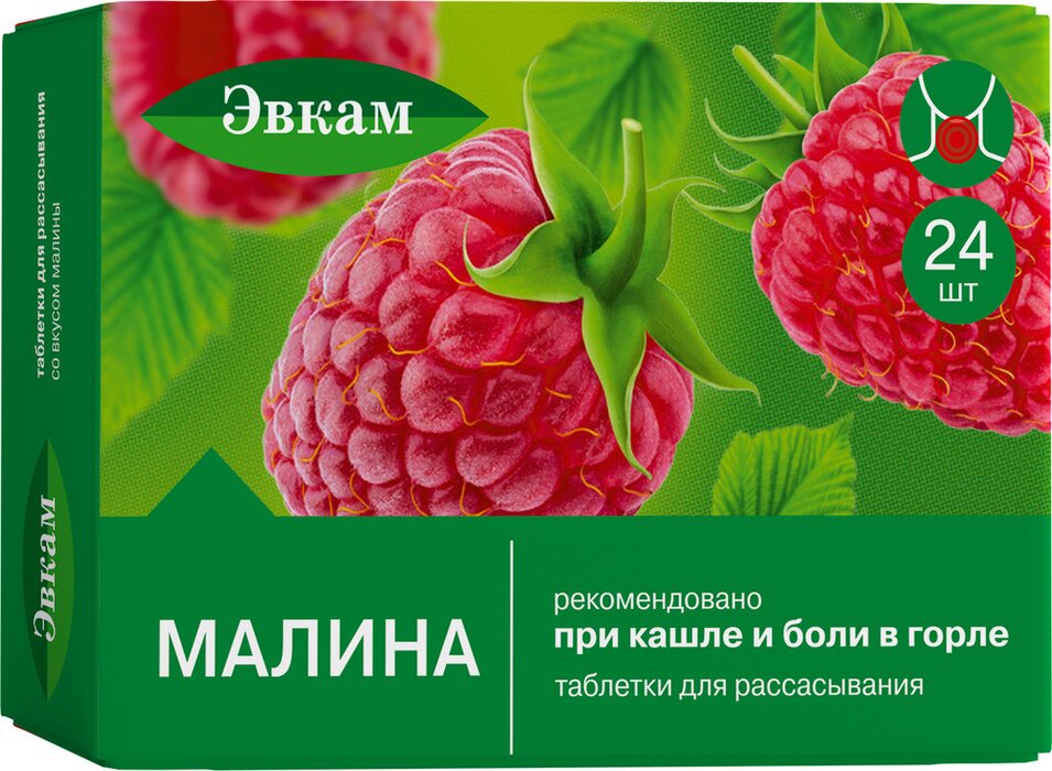 Пастилки при кашле и боли в горле со вкусом малины 24 шт Эвкам