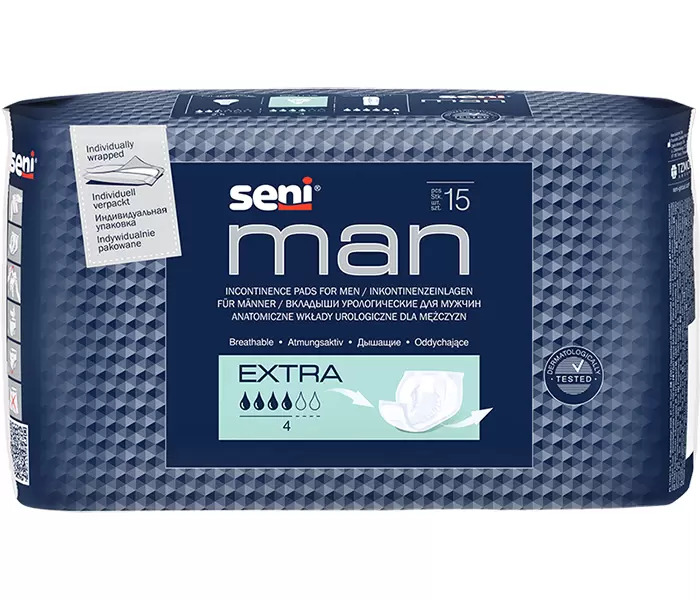 Seni Man Extra, вкладыши урологические, 15 шт. материал нетканый льносодержащий 70% целлюлоза льняная 30% полиэфир 200 г м2 150х150 см