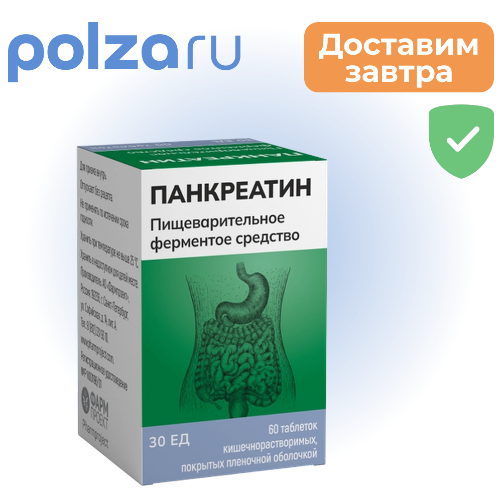 

Панкреатин, таблетки кишечнорастворимые 30 ЕД, 60 шт.