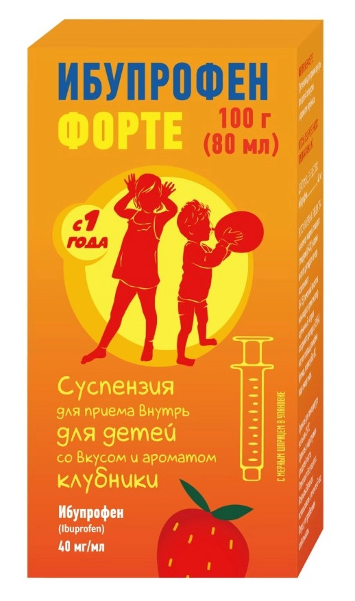 Ибупрофен Форте, суспензия для приема внутрь для детей, Клубника 40 мг/мл, 100 г (80 мл) ибупрофен сусп 100мг 5мл 100мл д детей