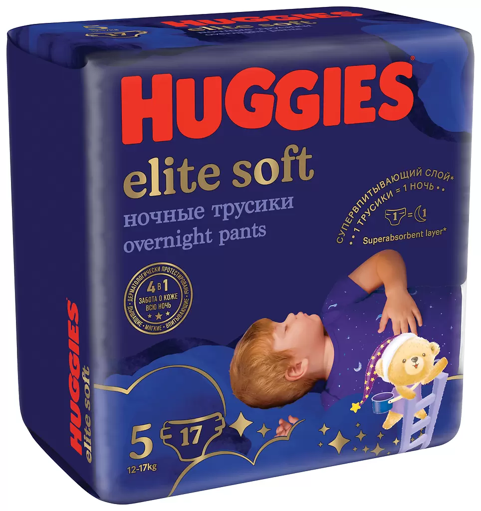 

Huggies Elite Soft, подгузники-трусики ночные для детей, 5 размер (13-17 кг), 17 шт.