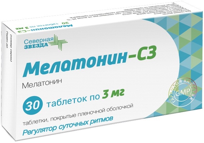 Мелатонин-СЗ, таблетки покрыт. плен. об. 3 мг, 30 шт. мелатонин таблетки покрыт плен об 3 мг 30 шт