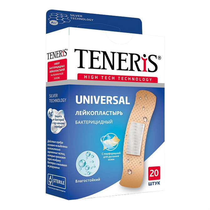 Teneris Universal, лейкопластырь бактерицидный на полимерной основе (76 х19 мм), 20 шт. тенерис аква сильвер лейкопластырь бактерицидный на прозрачной полимерной основе 76х19мм 20