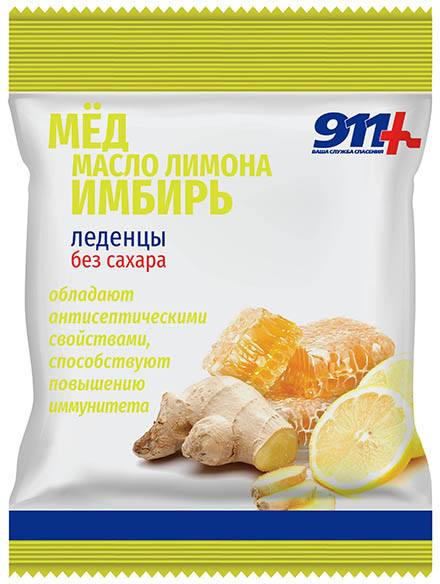 911 леденцы б/сахара (мед/масло лимона/имбирь) 50 г х1