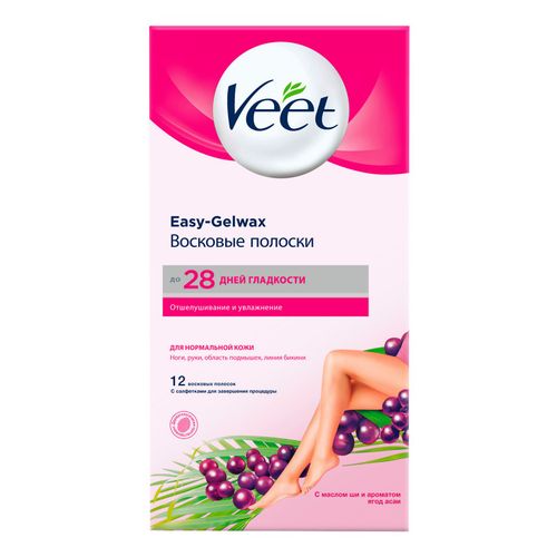 Veet Easy Gel-wax, восковые полоски для депиляции (для нормальной кожи, с маслом ши и ароматом ягод асаи), 12 шт. полоски индикаторные хорт денталь 50 штук