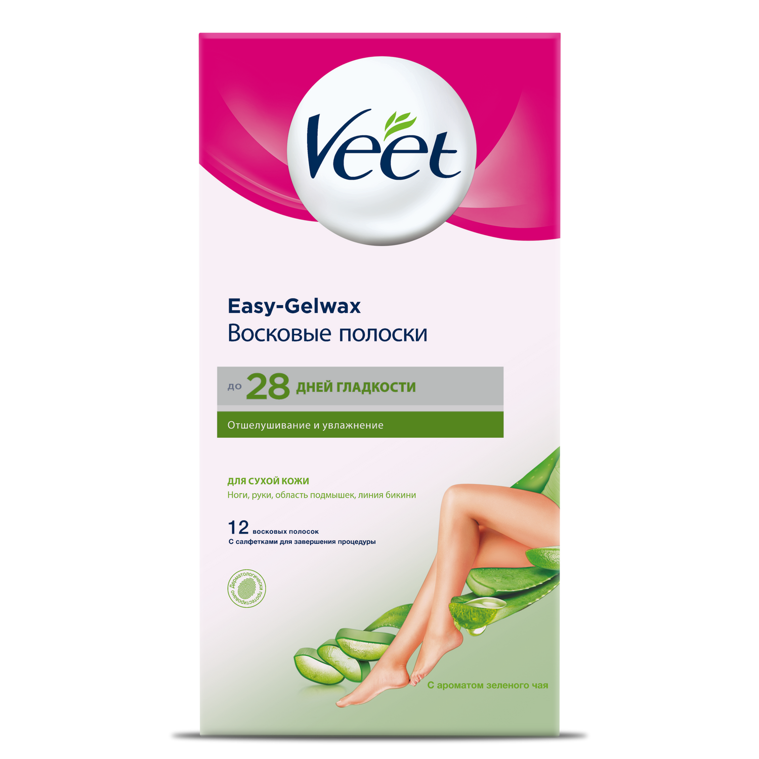 Veet, полоски для депиляции (для сухой кожи) Easy Gel-wax (с ароматом зеленого чая), 12 шт.