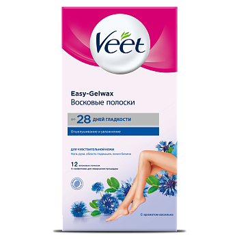 Veet Easy Gel-wax, полоски восковые для депиляции (для чувствительной кожи, с ароматом василька), 12 шт. (арт. 233616) Veet Easy Gel-wax, полоски восковые для депиляции (для чувствительной кожи, с ароматом василька), 12 шт. (арт. 233616)