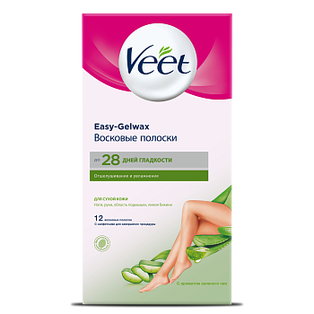 Veet, полоски для депиляции (для сухой кожи) Easy Gel-wax (с ароматом зеленого чая), 12 шт. (арт. 222645)