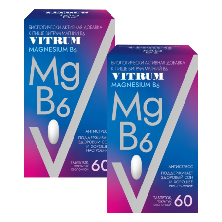Набор из 2-х упаковок Витрум Магний В6, таблетки 1200 мг, 60 шт. со скидкой! (арт. 323021)