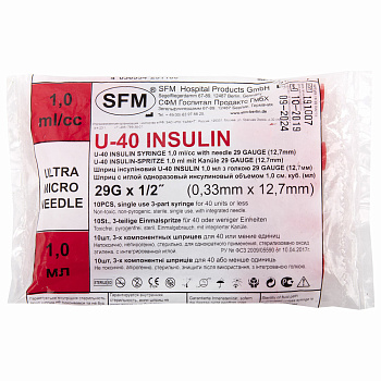 Шприц инсулиновый 3-х компонентный U-40 интегрированная игла 0.33-12.7 мм 29G 1 мл, 10шт. (арт. 223254)