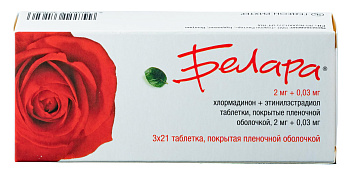 Белара, таблетки покрыт. плен. об. 2 мг+0.03 мг, 63 шт. (арт. 183580)