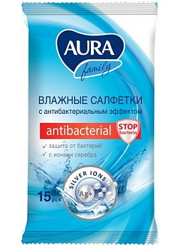 Aura Family, влажные салфетки антибактериальные, 15 шт. (арт. 222595)