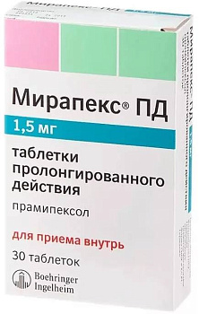 Мирапекс ПД, таблетки пролонг. 1.5 мг, 30 шт. (арт. 189974)