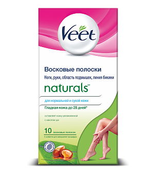 Veet Naturals, восковые полоски для депиляции с маслом ши, 10 шт. (арт. 198854)