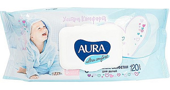 Aura Ultra Comfort, салфетки влажные для детей с экстрактом алоэ и витамином Е, 120 шт. (арт. 222607)