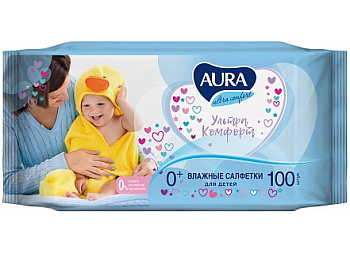 Aura Ultra Comfort, салфетки влажные для детей с экстрактом алоэ и витамином Е, 100 шт. (арт. 222606)